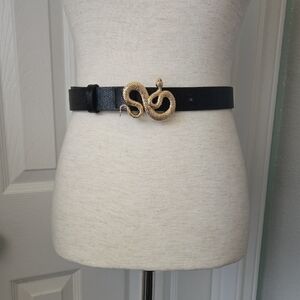 Stunning Classic Goth Vegan Leather Belt W/ Gold Snake Buckle, Adjustable, NWOT
